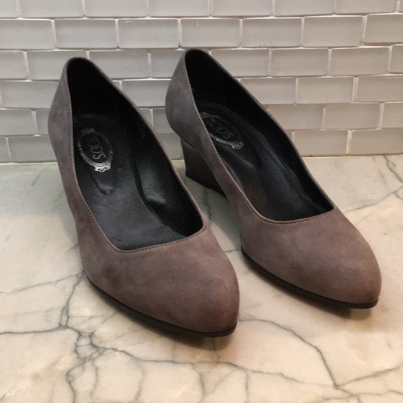 Tod’s Zeppa Wedge Pointy Slip On Suede Shoes Taupe Gray 6 - Picture 6 of 14